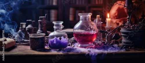 Alchemy witch brews lab poison for Halloween.