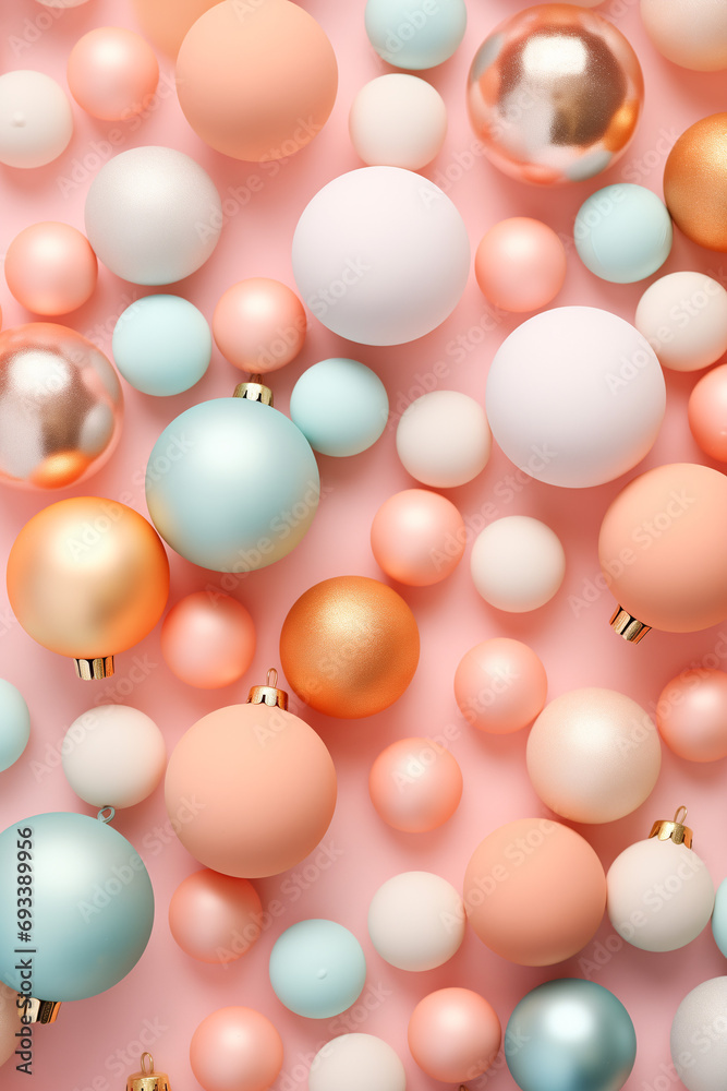 Creative Christmas bubbles decoration pattern on peach fuzz background. Minimal pastel flat lay concept. 
