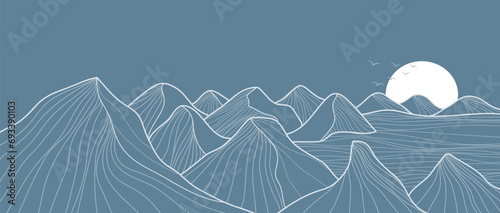 Mountain line art landscape illustration. Creative minimalist modern line art pattern. Abstract contemporary aesthetic backgrounds landscapes. with Mountain, hill and ocean wave