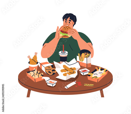 Man glutton eating fast junk food. Person overeating fastfood, burgers, fat snacks. Hungry character and unhealthy diet, gluttony. Flat graphic vector illustration isolated on white background