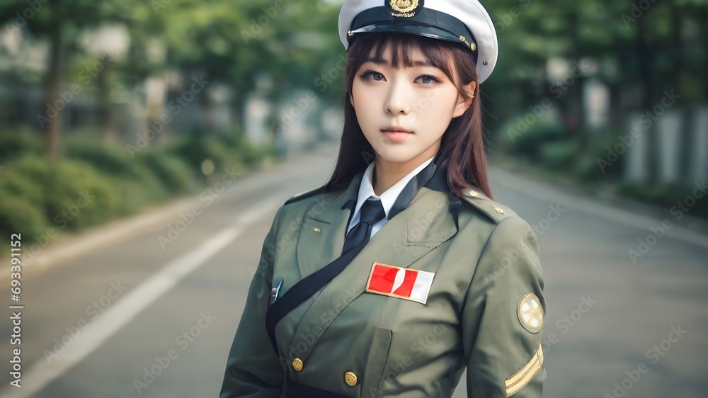 Cute Asian Girl In Military Suit Background Cute Asian Girl In Military Suit Background