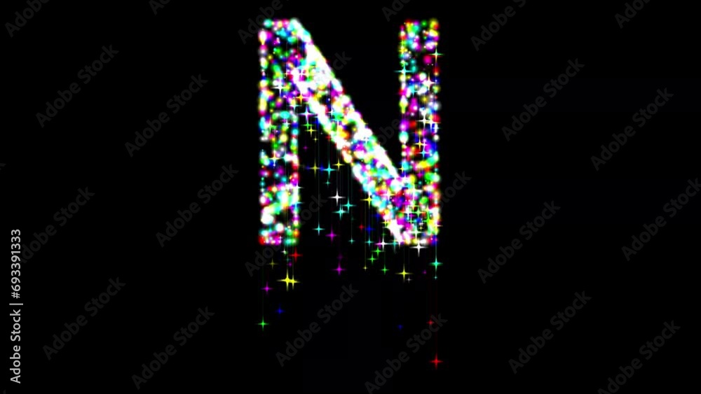 English alphabet N with colorful glitter sparkles and falling stars on plain black background English alphabet N with colorful glitter sparkles and falling stars on plain black background