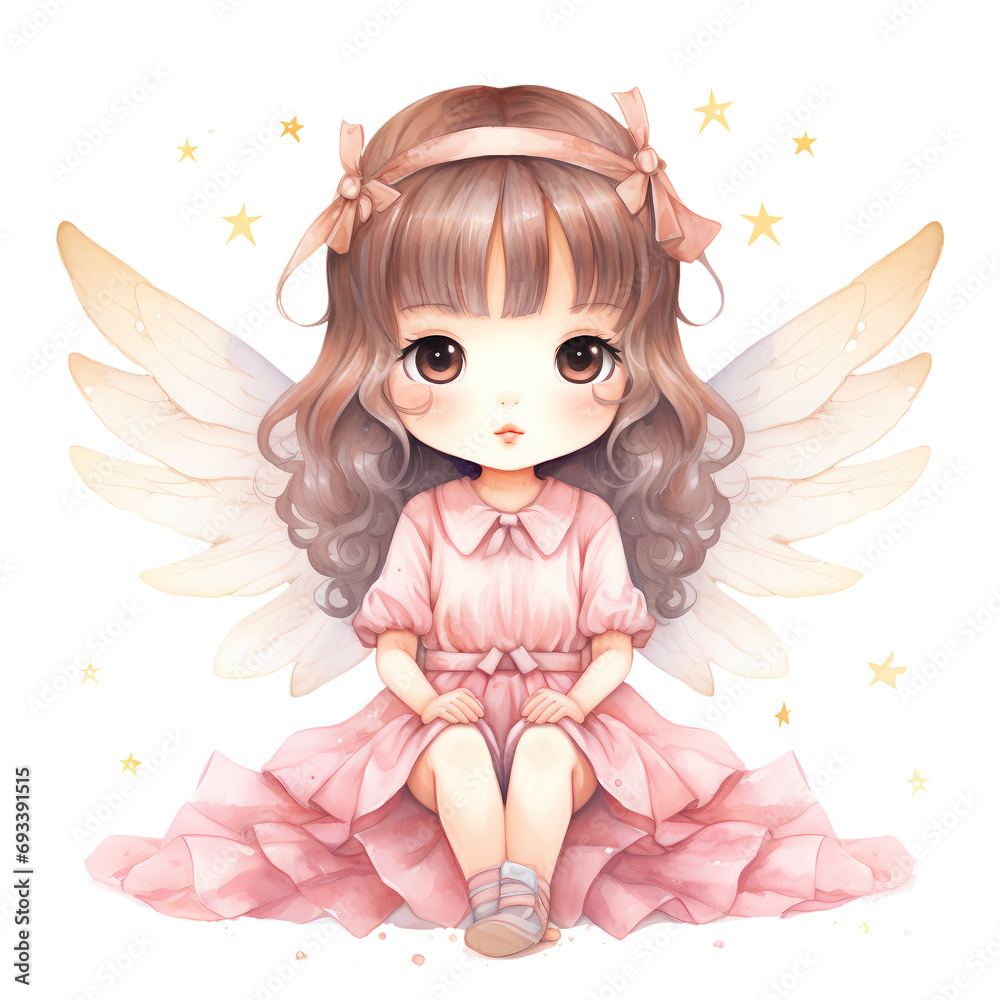 Cute Pink Baby Fairy Watercolor Clipart Illustration