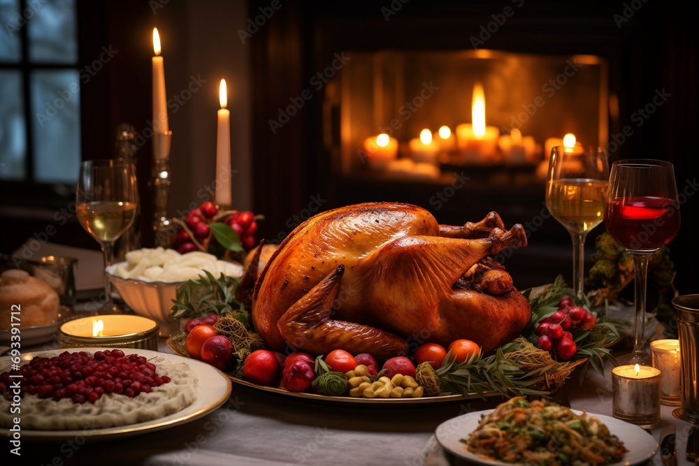 Huge yummy baked turkey on plate with grapes on table with candles served for thanksgiving day Huge yummy baked turkey on plate with grapes on table with candles served for thanksgiving day