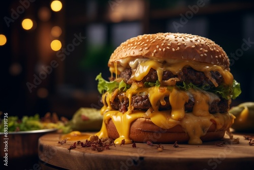 Huge yummy cheeseburger with big meat cutlet and yelow prosessed cheese with boke on background in a cafe photo