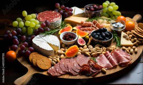 Sumptuous charcuterie board with an assortment of cheeses, cured meats, fresh fruits, and nuts, perfect for entertaining