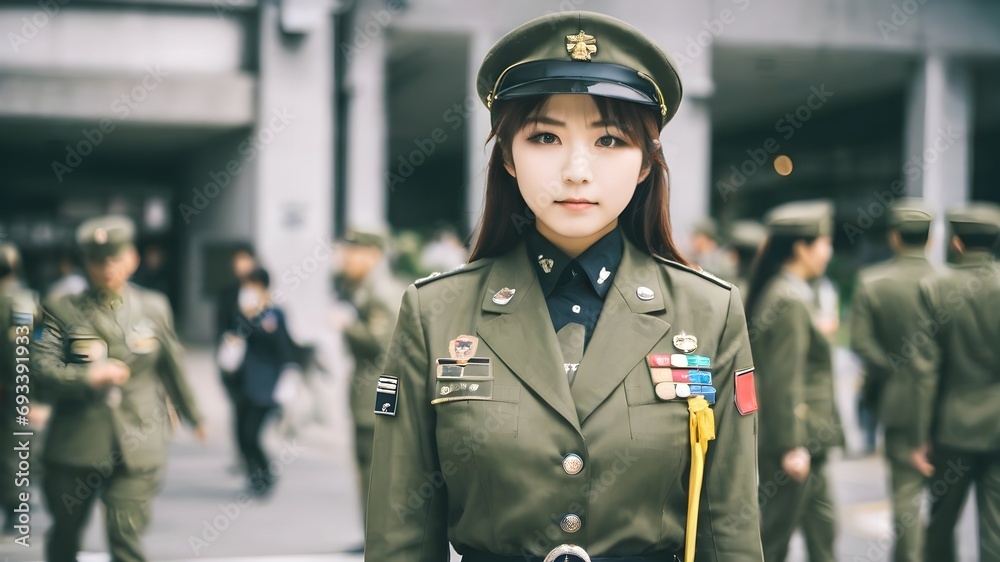 Cute Asian Girl In Military Suit Background Cute Asian Girl In Military Suit Background