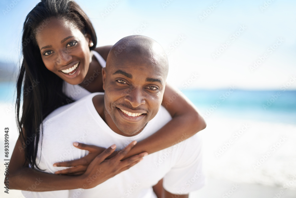 Piggyback, smile and portrait of black couple at the beach for valentines day vacation, holiday or adventure. Happy, love and African man and woman on a date by the ocean on weekend trip together. - obrazy, fototapety, plakaty 