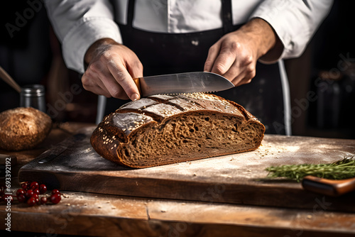 Bäcker schneidet frisch gebackenes Brot, Bäckerei, erstellt mit generativer KI photo