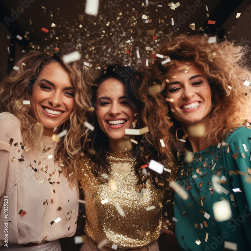 Triumphant Cheers: Three Women Welcoming the New Year Amidst Glittering Confetti