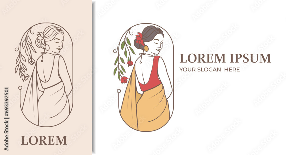 Obraz premium beauty and fashion logo design template, with beautiful indian woman wearing saree dress illustration