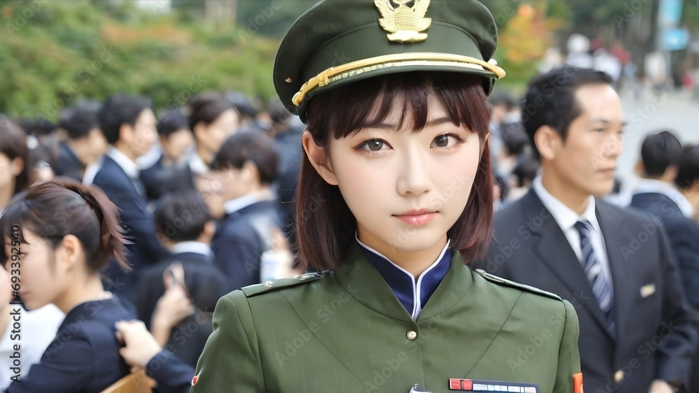 Cute Asian Girl In Military Suit Background Cute Asian Girl In Military Suit Background