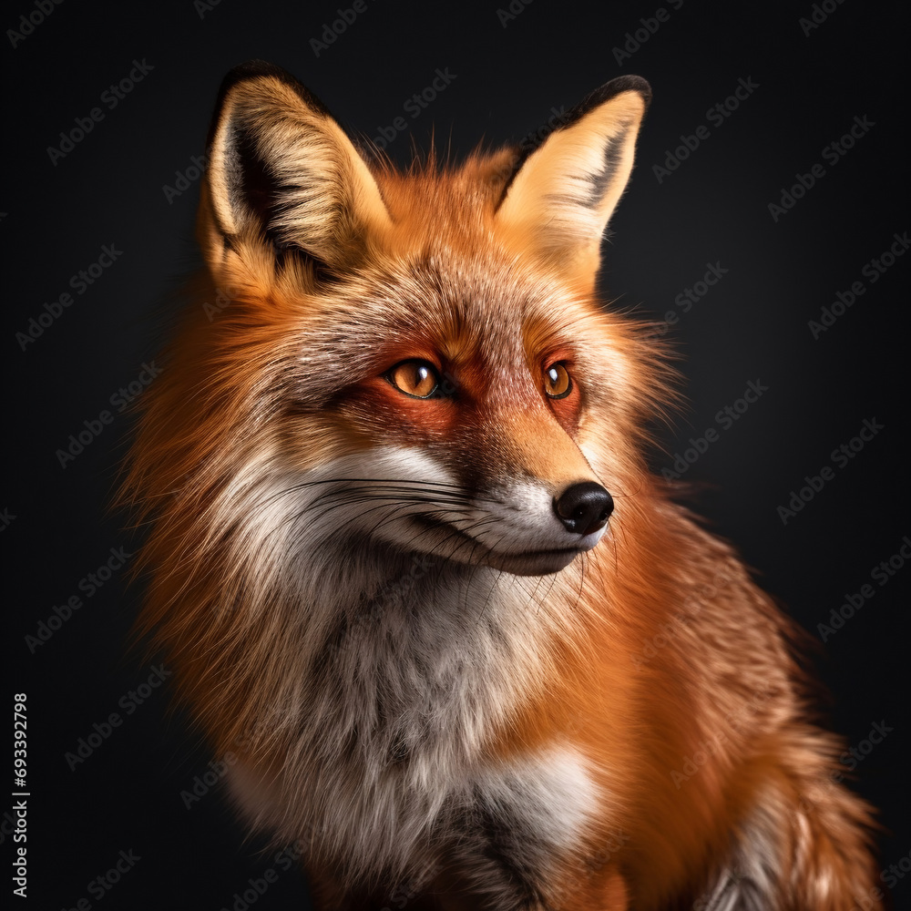 Portrait of a red fox with orange eyes on a black background. AI.
Portrait of a red fox with orange eyes on a black background. AI.
