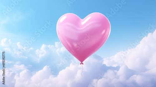 Pink heart-shaped balloon in the sky. Valentine's background