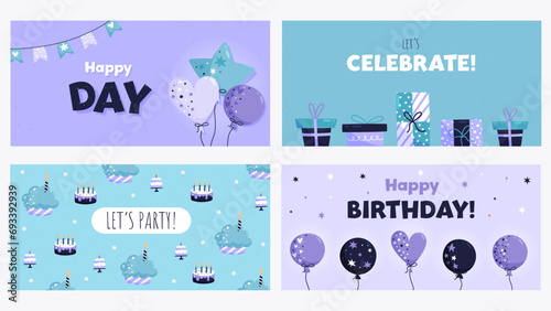 Set of happy birthday greetings and invitation cards with balloons, cakes and gifts. Vector illustration in cartoon style.