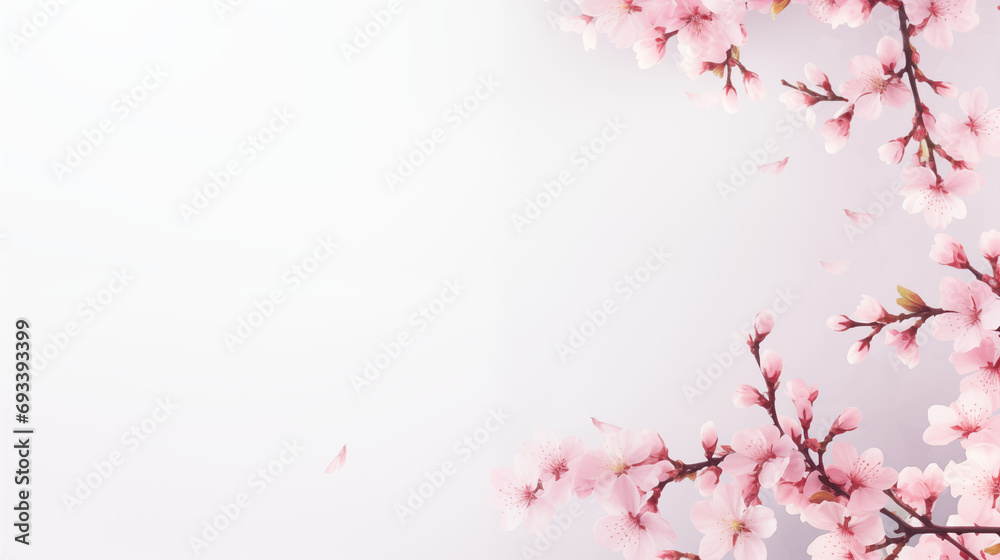 Obraz premium Hintergrund Motiv Kartenmotiv Vorlage zum Frühling mit blühenden Knospen Frühlingsblüten Zweige mit Blüten Pastellfarben Generative AI