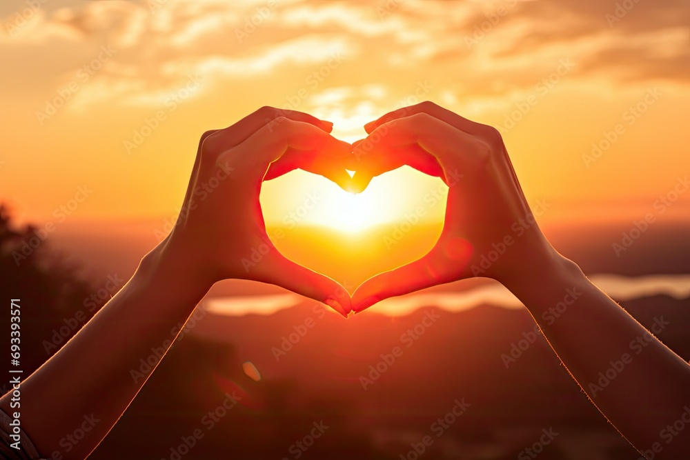A beautiful sunset with two hands holding each other in the shape of a heart. A beautiful sunset with two hands holding each other in the shape of a heart.