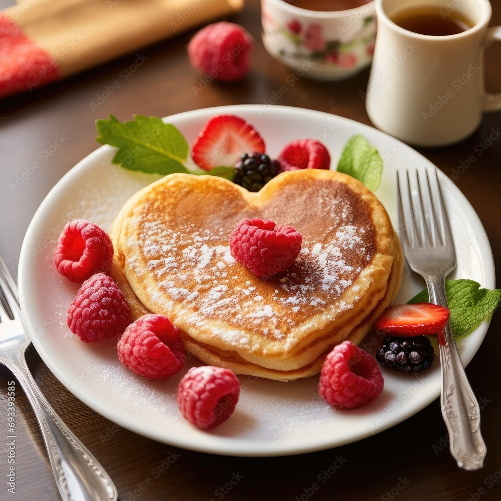 A heart-shaped pancake with raspberries on a white plate, and a cup of coffee, A heart-shaped pancake with raspberries on a white plate, and a cup of coffee,
