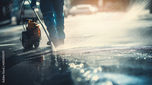 Street cleaning with high pressure water. Background