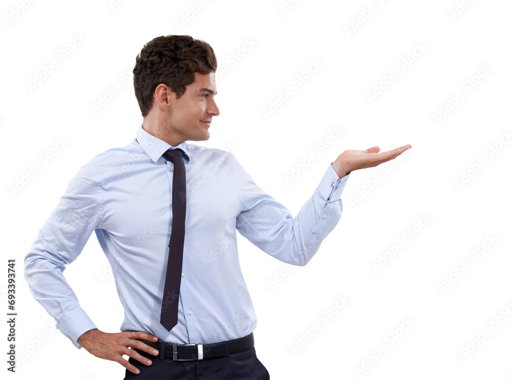 Hand, choice and businessman with mockup, space and white background in studio. Confident, entrepreneur and palm to show option in recommendation, information or presentation of advice for business Hand, choice and businessman with mockup, space and white background in studio. Confident, entrepreneur and palm to show option in recommendation, information or presentation of advice for business