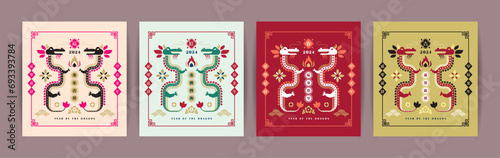 2024 Chinese new year - year of the dragon greeting poster set in Chinese vintage style. Geometric symbol Chinese dragon flat design. (text: Lunar new year greetings)