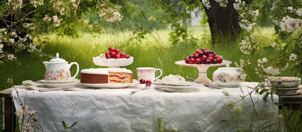 English-style outdoor gathering with cherry cake, herbal drink, linen tablecloth, and white porcelain cups, in a summer garden.
