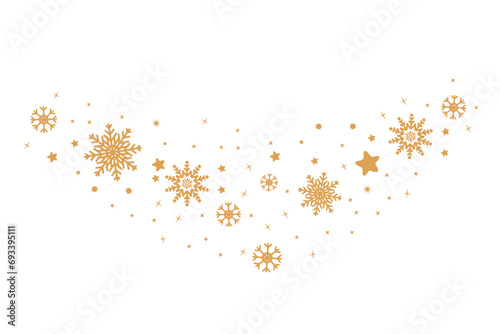 Gold Snowflakes Christmas border in wave shape. Snowflakes with star border. Christmas decoration. merry Xmas snow flake header or banner, wallpaper or backdrop decor