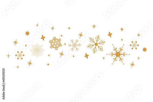 Gold Snowflakes Christmas border in wave shape. Snowflakes with star border. Christmas decoration. merry Xmas snow flake header or banner, wallpaper or backdrop decor photo