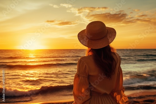 Young woman enjoying a beach sunset, relaxation, summer, golden