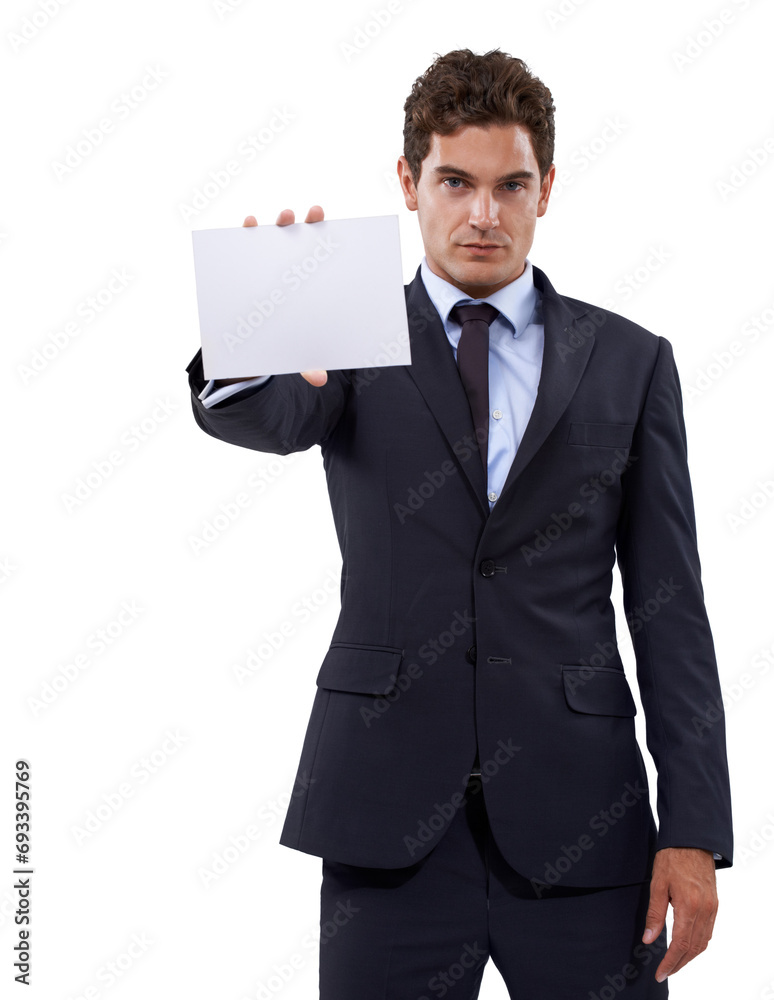 Business man, portrait and card mockup or presentation for information, opportunity and serious news in studio. Worker or corporate person with paper and space for career offer on a white background Business man, portrait and card mockup or presentation for information, opportunity and serious news in studio. Worker or corporate person with paper and space for career offer on a white background