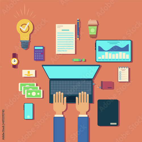 Top view of desk with business toolbox. Vector illustration of laptop, tablet, smartphone, watches, pen, documents, money. Business man working on computer