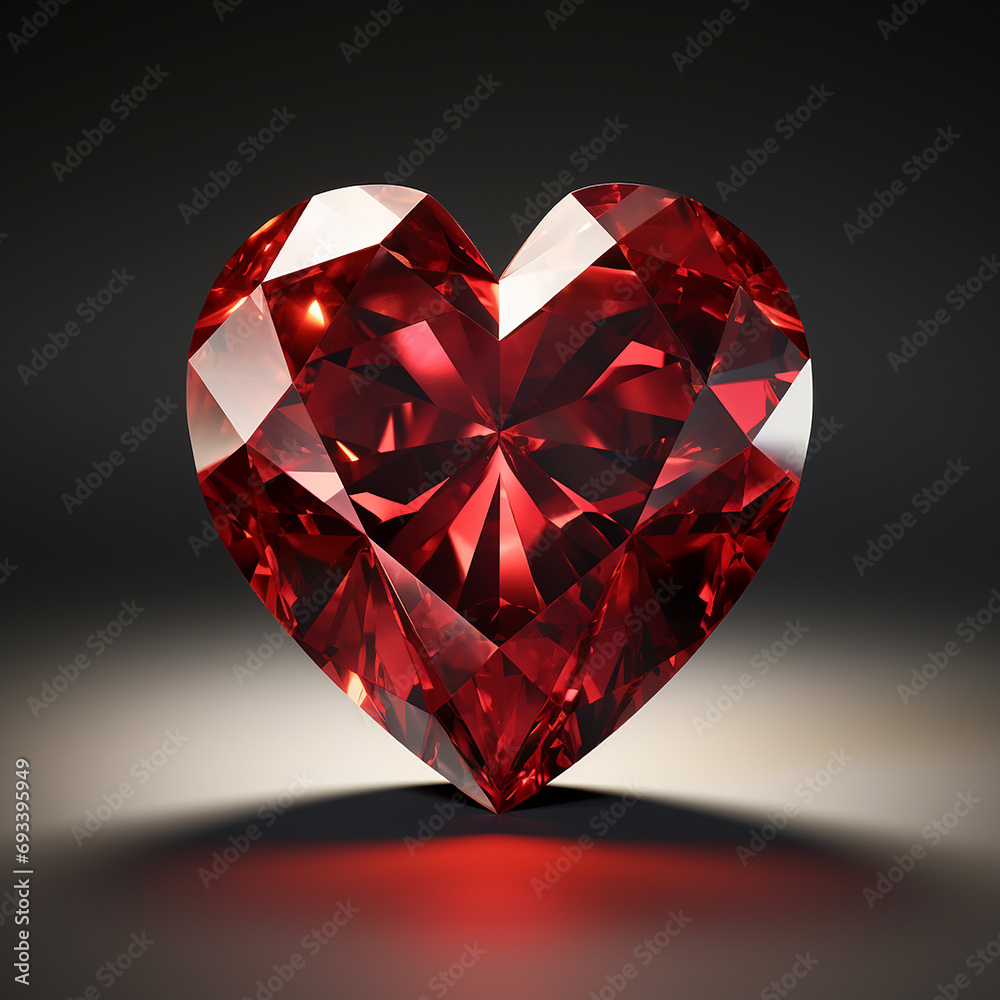 Red diamond heart on a dark background. 3d render. Valentine's Day.