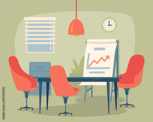 Interior of conference room for business meetings. Vector illustration. Desk, chairs, filchart. Office design concept