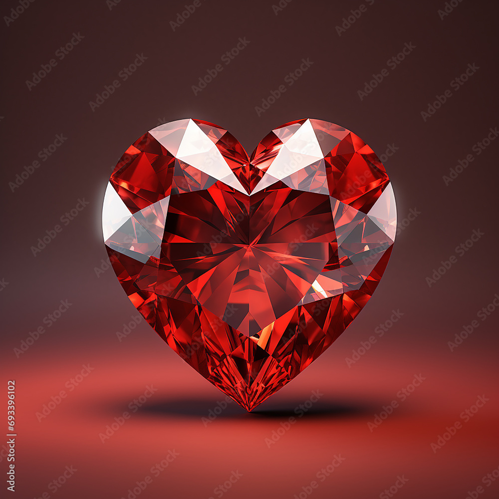 Shiny diamond heart on a red background. Valentines Day.