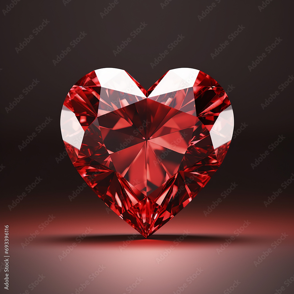 Red diamond in the shape of a heart. 3D rendering.