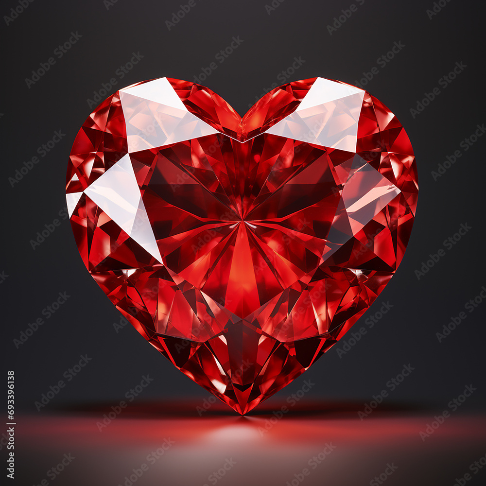 Red diamond heart on dark background. 3d rendering. Valentine's Day.