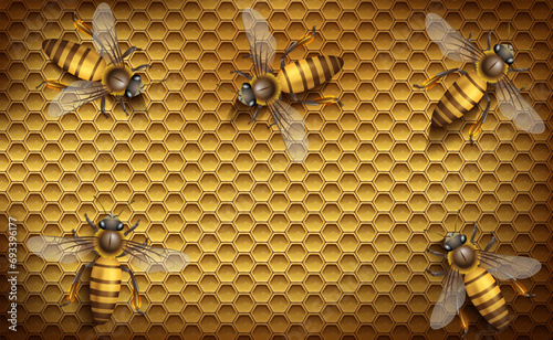 Bees on honeycombs with honey. Vector illustration.