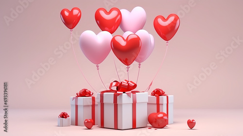 Heart shaped balloons flying with gift boxes on a pink background. Valentine's Day. Valentine's Day concept. © Andrey_Lobachev
