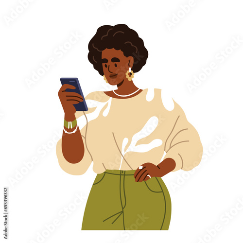 Black woman holding smartphone in hand, reading online. Modern female character using mobile cell phone, surfing internet, social media. Flat graphic vector illustration isolated on white background