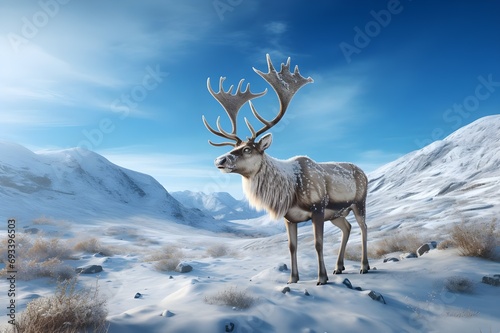 Wild reindeer with antlers on snowy field in winter  Herd of Reindeer  Reindeer sleigh-Ai Generated