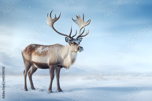 Wild reindeer with antlers on snowy field in winter, Herd of Reindeer, Reindeer sleigh-Ai Generated