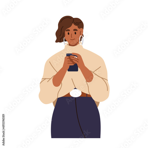 Woman using smartphone. Female character holding mobile cell phone in hand. Businesswoman looking at cellphone device, surfing internet. Flat graphic vector illustration isolated on white background
