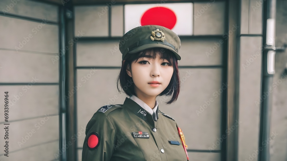 Cute Asian Girl In Military Suit Background Cute Asian Girl In Military Suit Background