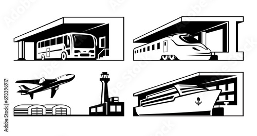Stations public transport bus train airplane and ship monochrome line set isometric vector