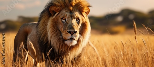 Stunning lion named Caesar in Kenya's golden Masai Mara grasslands.