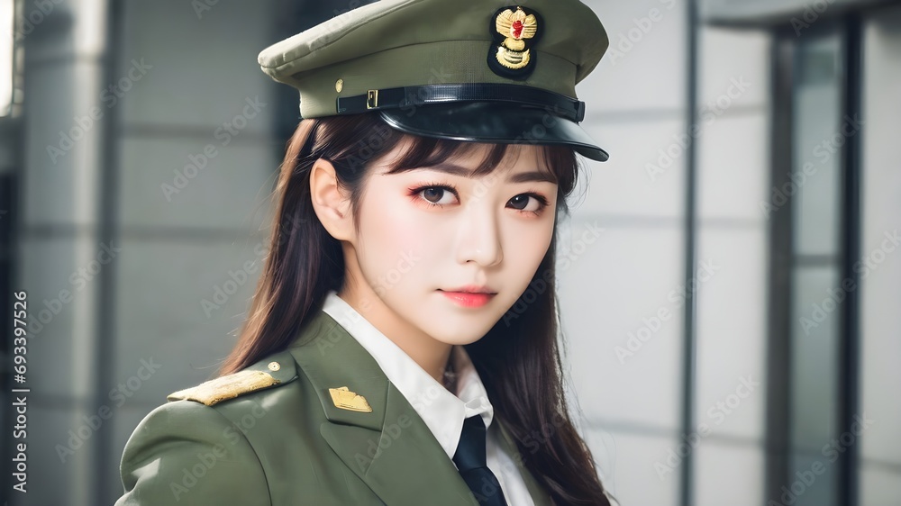 Cute Asian Girl In Military Suit Background Cute Asian Girl In Military Suit Background