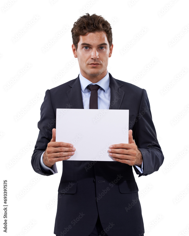 Business man, poster mockup and portrait with presentation for information, opportunity and serious news in studio. Professional boss or corporate person with paper and space on a white background Business man, poster mockup and portrait with presentation for information, opportunity and serious news in studio. Professional boss or corporate person with paper and space on a white background
