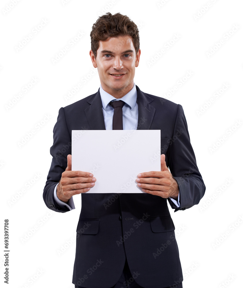Professional man, poster mockup and happy presentation for advertising of job opportunity, news or information in studio. Portrait of boss or business person with paper or space on a white background Professional man, poster mockup and happy presentation for advertising of job opportunity, news or information in studio. Portrait of boss or business person with paper or space on a white background