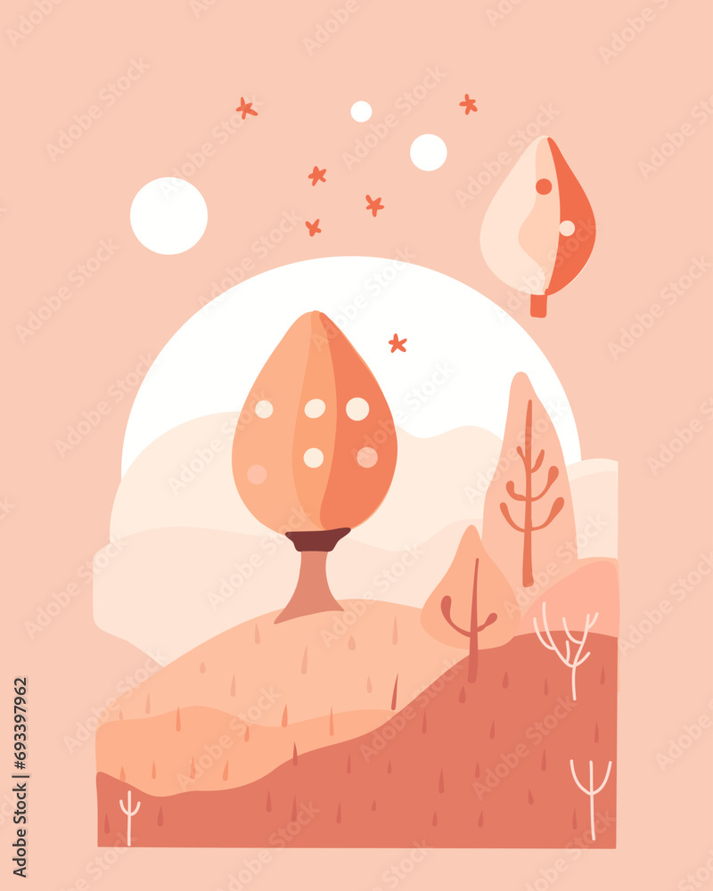 Children's card with trees at sunset Children's card with trees at sunset