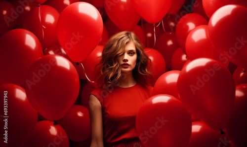 smiling young woman with curly hair on red balloons background